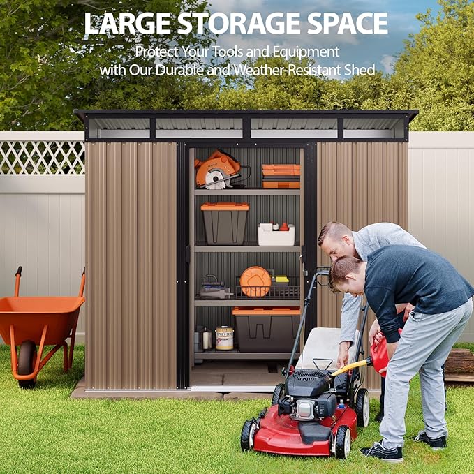 Gizoon 7.4'x5.3' Outdoor Storage Shed Metal Garden Shed with Sliding Lockable Doors, Versatile Tool Bike Shed with Transparent Panel Windows, Outdoor Storage Clearance for Backyard, Patio, Light Brown
