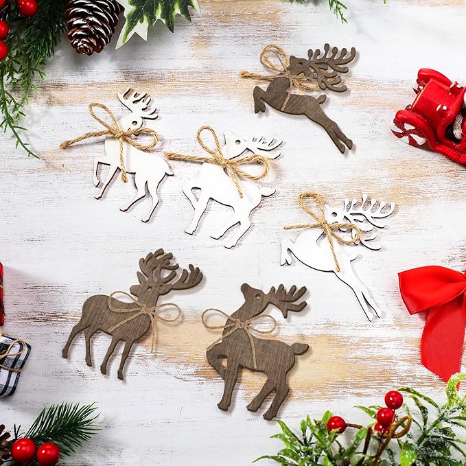 Qunclay 36 Pcs Reindeer Christmas Ornaments for Tree Wooden Christmas Tree Decorations Rustic Vintage Deer Hanging Ornament Reindeer Wood Pendant with Rope for Home Xmas Gift Tags Holiday Party Decor