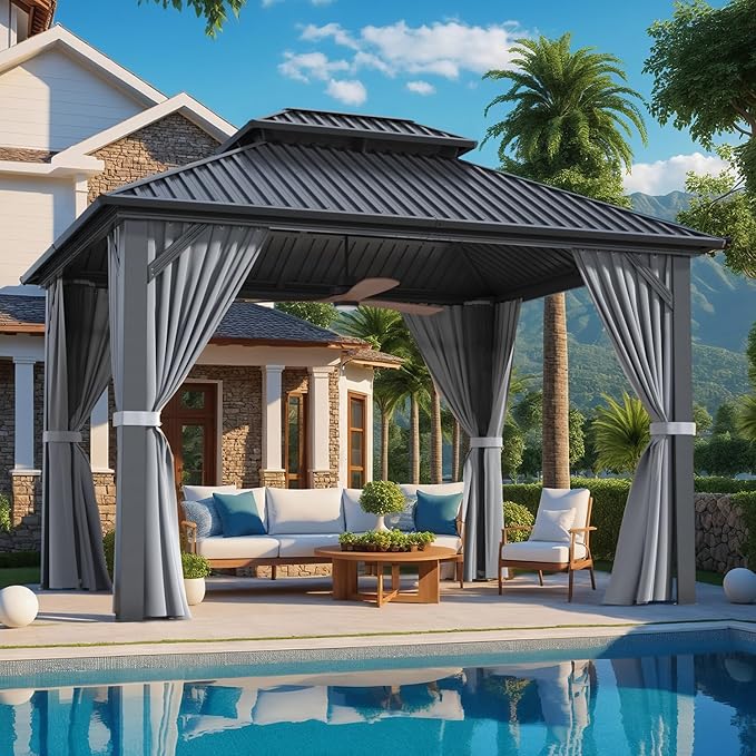 10x12 FT Gazebo Hardtop Gazebo, Aluminum Pergola with Double Galvanized Steel Roof, Curtains and Netting Included, Outdoor Gazebos Canopy for Patio, Backyard, Deck, Lawn,Grey
