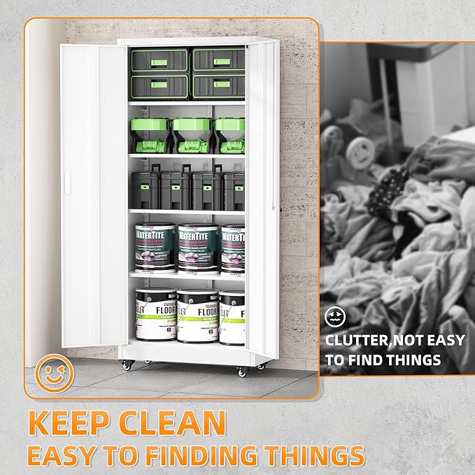 Superday 72¡± Metal Cabinet with Wheels, Lockable Steel Utility Cabinet with 2 Doors and 4 Adjustable Shelves, Tall Storage Cabinets for Garage, Home Office, Kitchen Pantry, Living Room, White