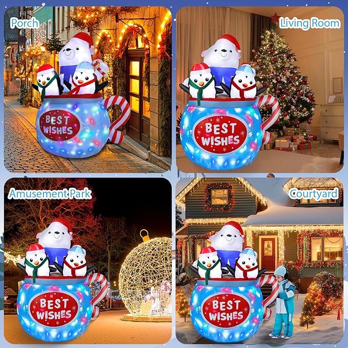 6FT Christmas Inflatables Outdoor Decs, Inflatable Polar Bear and Penguins in The Cup, Built-in Colorful LED Light, Blow Up Yard Decor for Lawn Garden Indoor Xmas Party, for Him, Her