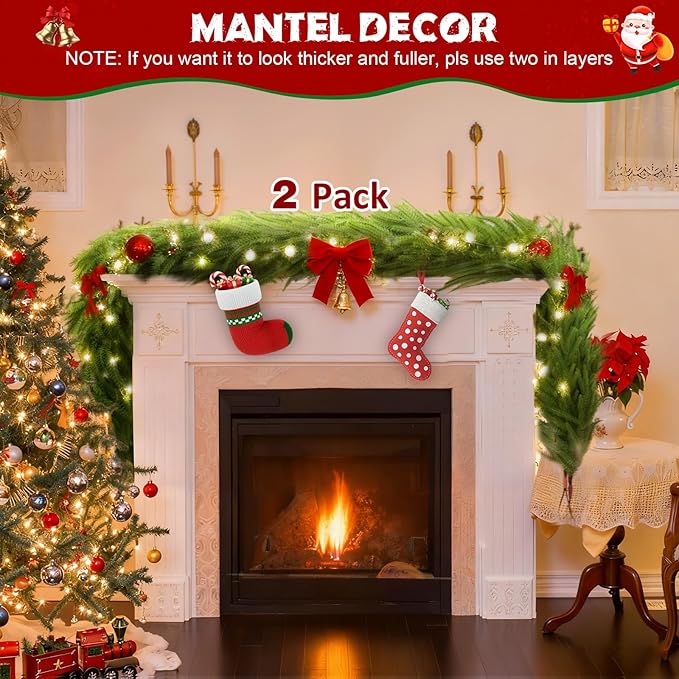 2-Pack Christmas Garland 9FT Artificial Norfolk Pine Garlands Realistic Greenery Faux Pine Garland Real Touch Christmas Decorations Indoor Outdoor for Mantel/Table/Stairs/Wall/Windows Holiday Decor