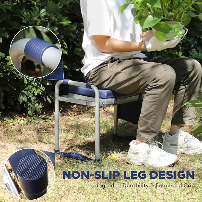 Foldable Garden Kneeler and Seat, Heavy Duty Garden Stool with 10 Wide Detachable Kneeling Pad, Portable Garden Bench Chair with Large Garden Tool Bag, Gardening Gifts for Women, Seniors, Mom