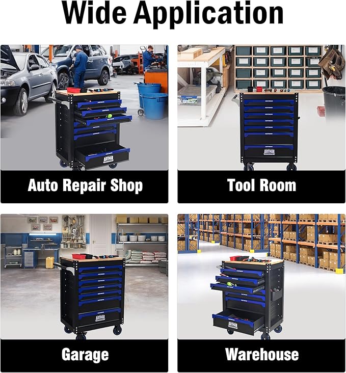 RYH 26.65 W Rolling Tool Cart with Wheels & Wood Top | Mobile Tool Chest Organizer for Garage Storage Cabinet & Toolbox | Heavy-Duty Steel Tool Box (Black-Blue, 7-Drawers 39.17 H¡¿26.65 W -2)