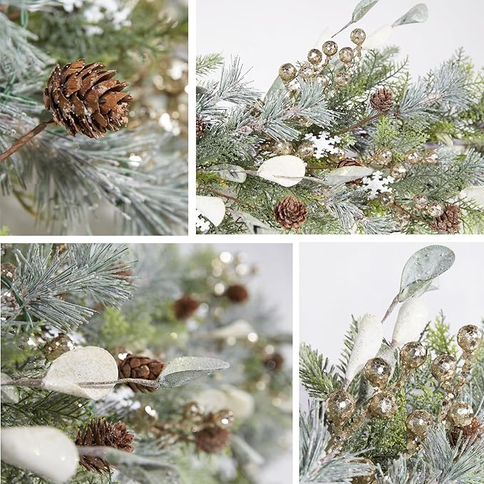 WBHome 6ft Mixed Snowy Norway Spruce & Pine Branch with Shimmy Berries Mantle Christmas Garland, Winter Flocked Garland for Christmas Holiday Seasonal Indoor/Outdoor Home Decor Mantle