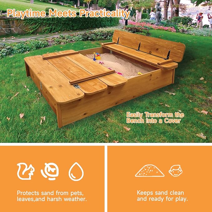 Wooden Sandbox with Cover, 48x48 Inch Large Outdoor Sand Box for Kids Ages 4-8, Cedar Wood Sandpit with Foldable Bench Seats & Bottom Liner
