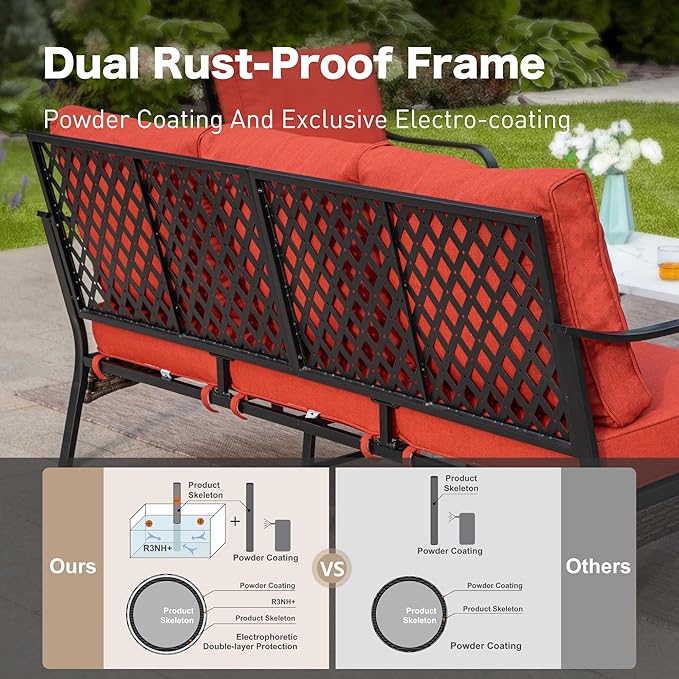5 Piece Metal Outdoor Patio Furniture Sets with Firepit Table, Patio Conversation Sets 1 3-Seater Sofa, 1 Loveseat, 2 Swivel Chair with 5.75" Cushion for Backyard Deck, Rust Red