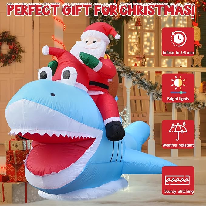 Christmas Inflatables Outdoor Decorations, 8.5 FT Funny Inflatable Santa Riding Shark, Christmas Blow Ups Yard Decor Outdoor Indoor Garden Lawn, Xmas Decor
