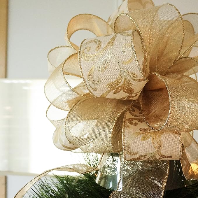 CT CRAFT LLC Champagne Gold Swirl Less Glitter Christmas Tree Topper Bow 11" with 4 Ribbon Streamers x 3 Yards Long Each for Holidy Elegant Fancy Home Décor Indoor