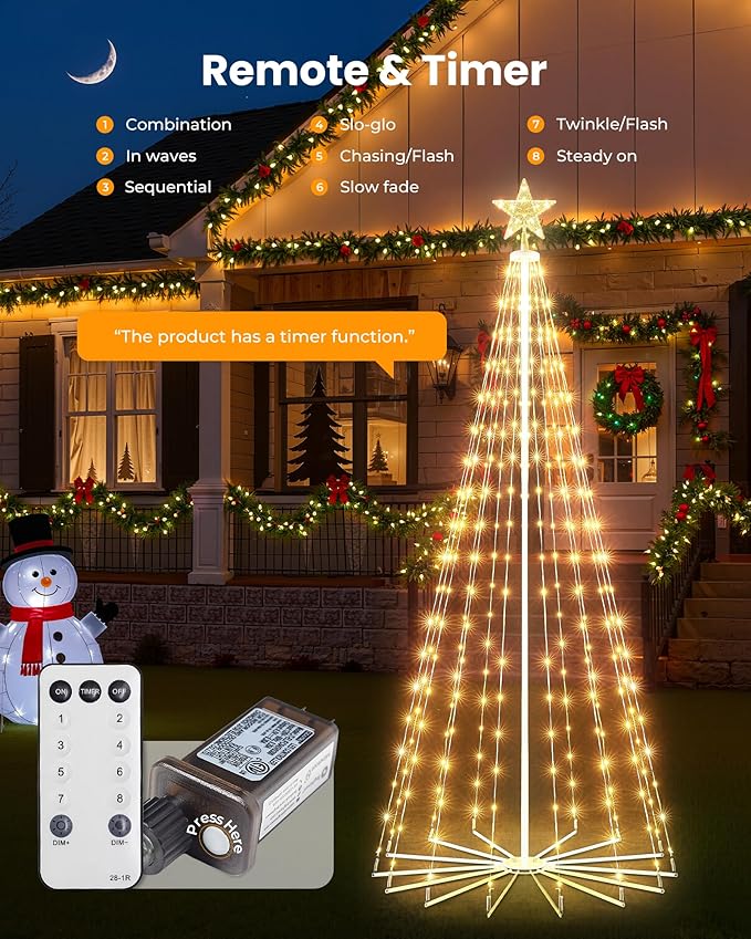 Christmas Cone Tree Light, 7.5ft 295 LED Light Show Christmas Tree with 8 Modes Timer Remote, Dimmable Artificial Christmas Tree for Porch Yard Patio Indoor Outdoor Xmas Holiday Decor, Warm White