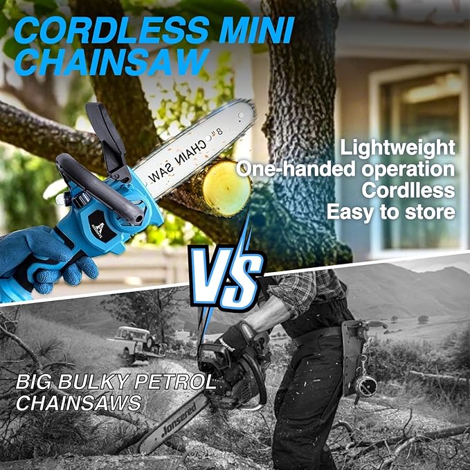 Mini Chainsaw Cordless 8 Inch with 2x 5200mAh Batteries, Portable Electric Chain Saw, Automatic Oiler, Battery Powered Small Handheld Saw,Trees Branches Trimming, Wood Cutting (Blue)