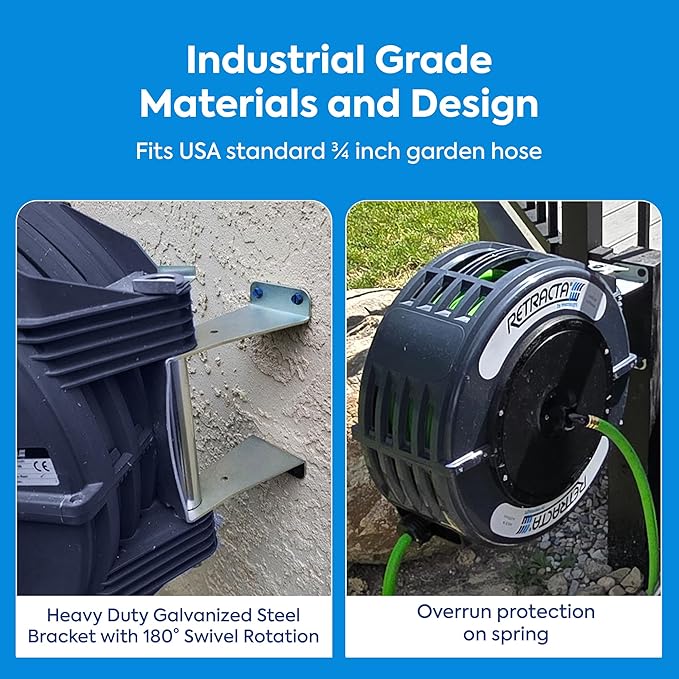 Macnaught Retractable Garden Hose Reel, 82 Ft Water Hose Reel Heavy Duty Retractable Hose with Metal 180¡Æ Swivel Rotation Bracket for Wall Mount - Gray