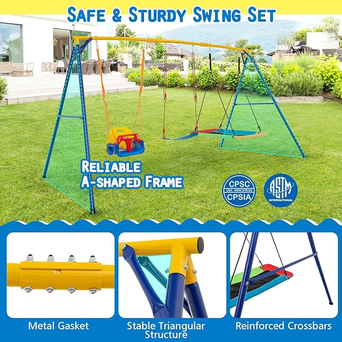 Costzon 660 lbs Swing Sets for Backyard, 3-in-1 Heavy Duty Extra Large Metal Frame with Platform Swing, Belt Swing, Baby Swing, Indoor Outdoor Playground Playset, Swing Set for Kids Toddlers