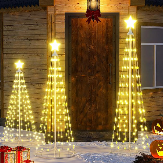 Lamerge 3pcs Christmas Cone Tree Lights(4ft+5ft+6ft), Christmas Tree Decorations Light Up Tree, 448 Warm Lights,Artificial Christmas Decorations for Indoor Outdoor Holiday Party Decor