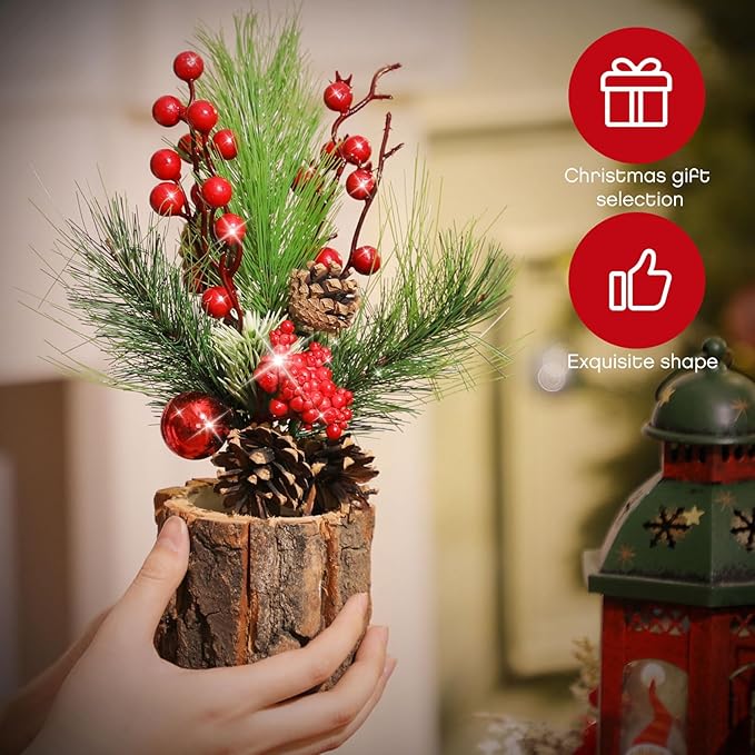 6 Pcs 11 Inch Christmas Tree Tabletop Artificial Mini Christmas Tree Decorations with Holiday Ornaments Pine Cone Berry Farmhouse for Fireplace Home Indoor Decor (Classic)
