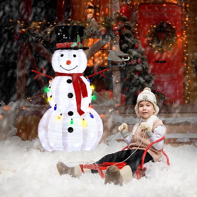VINGLI 4FT Pop up Snowman Christmas Decorations, Outdoor Snowman Lighted with Tall Hat, Cute Branch Hands for Xmas, Snowman Ornaments with Pre-lit Lights Decor for Indoor Yard Lawn Porch, Plug in