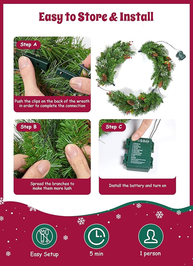 Brightown 24 Inch Pre-Lit Artificial Christmas Wreaths for Front Door, Battery Operated Christmas Wreath with 50 LED Lights, Lighted Wreath for Front Door Wall Window