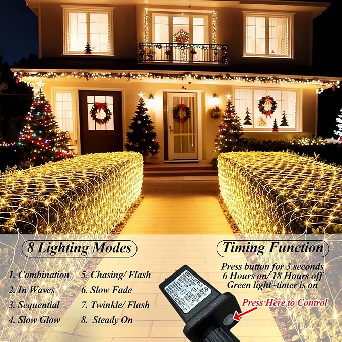 300 LED Net Lights, 14.8ft x 5ft 8 Modes Christmas Outdoor Mesh Lights Connectable, Waterproof Decorative String Lights Plug in for Bushes Xmas Tree Garden Wedding Party (Clear Wire, Warm White)