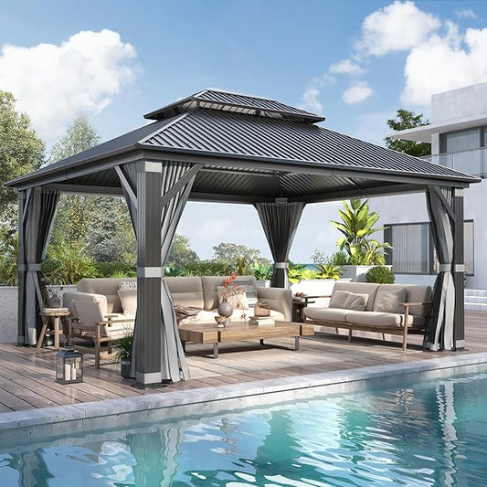 COVERONICS 12' x 14' Outdoor Galvanized Hardtop Gazebo - Aluminum Heavy-Duty Double Roof Vented Gazebo with Breathable Netting & Privacy Curtains for Patio, Porch, Garden, Lawn