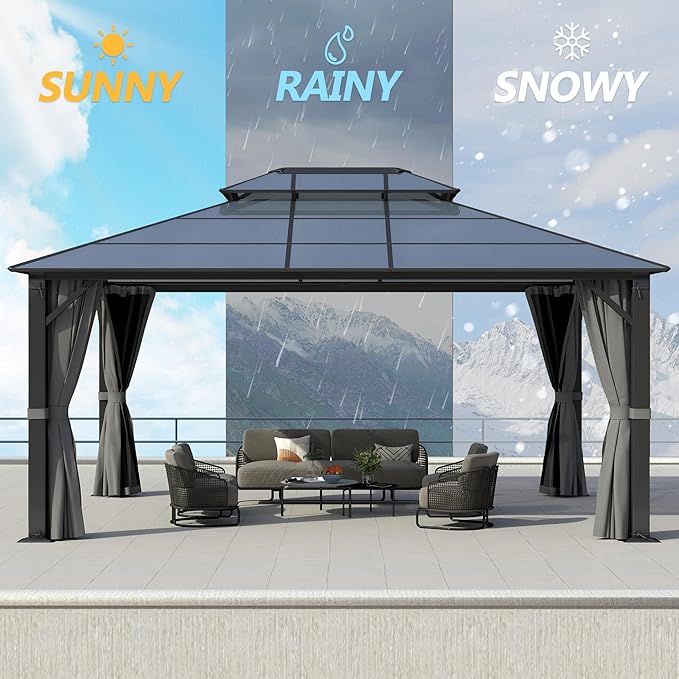 GARTOO 12x16FT Polycarbonate Hardtop Gazebo with Double Roof - Heavy-Duty Steel Frame Gazebo with Breathable Netting & Privacy Curtain for Patio, Porch, Garden, Lawn, Deck, Backyard