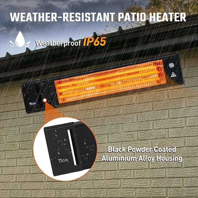 Infrared 1500W Patio Heater with Remote, ETL Certified, Wall Mounted Carbon Fiber Energy Efficient Heater, IP65 Weather Resistant for Patio, Backyard, Garage, and Decks, Black
