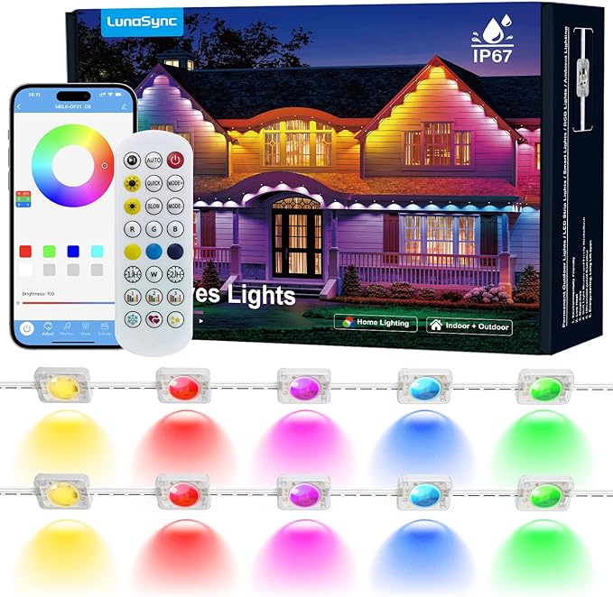 LunaSync Permanent Outdoor Lights, 150ft RGBIC Smart LED Eaves Lights with App & Remote Control, IP67 Waterproof, 50 Scene Modes for Christmas, Holiday, Pool Party & Daily Decor