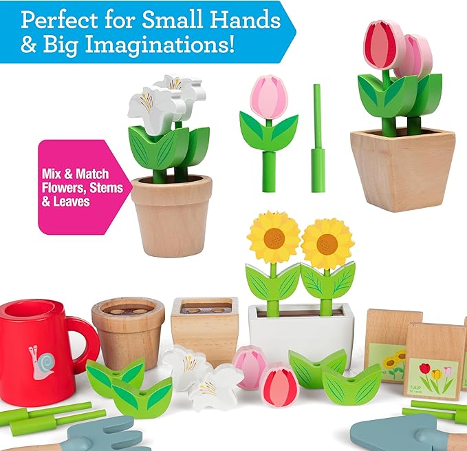 Bloom & Grow Gardening Center Wooden Toy Indoor Playset- 22 Pc Garden Stand Set w Flowers, Seed Packets, Pots, Shovel Rake Apron Watering Pot- Interactive & Fun Pretend Playtime, Xmas Gift for Kids