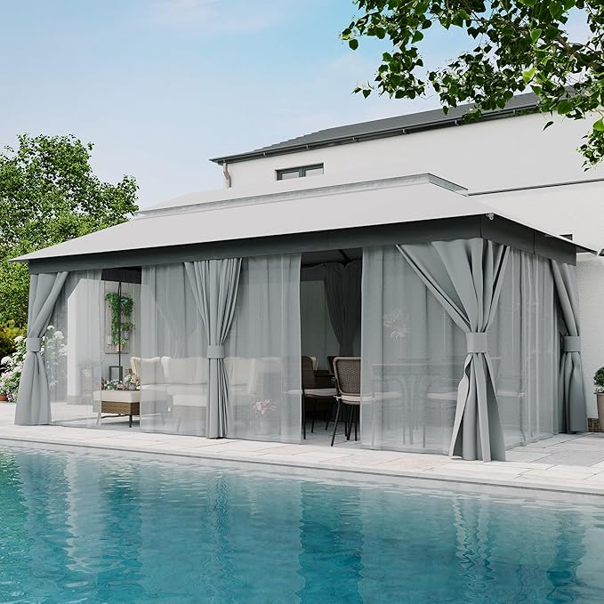 LAUSAINT HOME Semi-permanentPatio Gazebo 10'x20' with Expansion Bolts, Outdoor Heavy Duty Party Shelter with Double Roofs, Mosquito Nettings and Privacy Screens for Backyard, Garden, Lawn, Smoke Grey