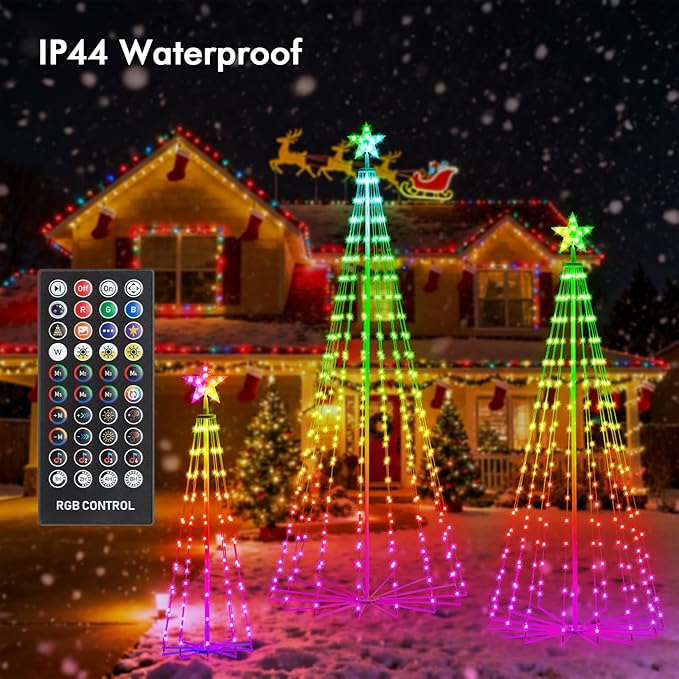 Outdoor Christmas Tree, 3-Pack RGB Color Changing Pre-Lit Smart Cone Christmas Tree with LED Lights, App & Remote Control, Multi-Color Lightshow, Christmas New Year Decoration(4FT&6FT&8FT)