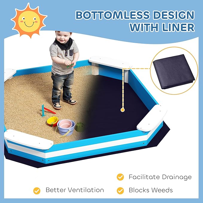 Qaba Kids Sandbox, Outdoor Wooden Sand Pit with 4 Corner Seats, Bottom Liner for Backyard, Garden, 52 x 52 x 6, Blue