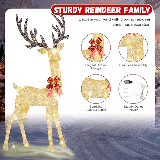 72Inch Light Up Reindeer Outdoor Christmas, 3-Piece 3D Gold Reindeer Christmas Decoration with 240 LED Warm White Lights Deer for Yard Patio Lawn Garden Party, Gold