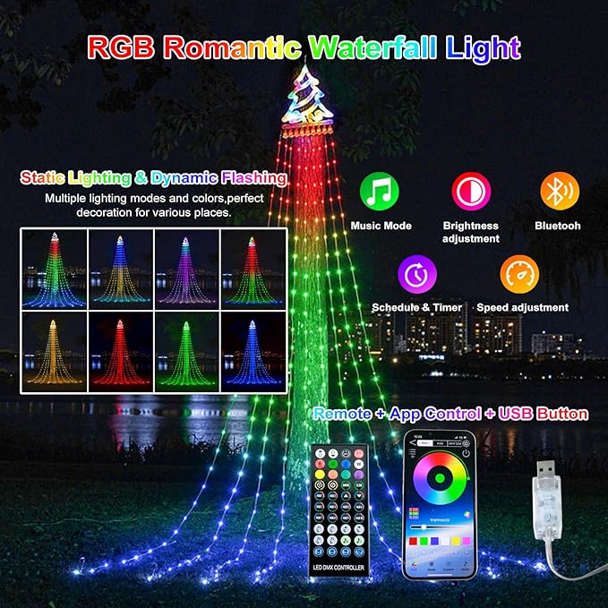 Outdoor Christmas Decorations Tree String Light with Remote APP Control 10FT 305LED Waterfall RGB Color Changing Waterproof Hanging Twinkle Fairy Light 210 Mode Timer Music Sync
