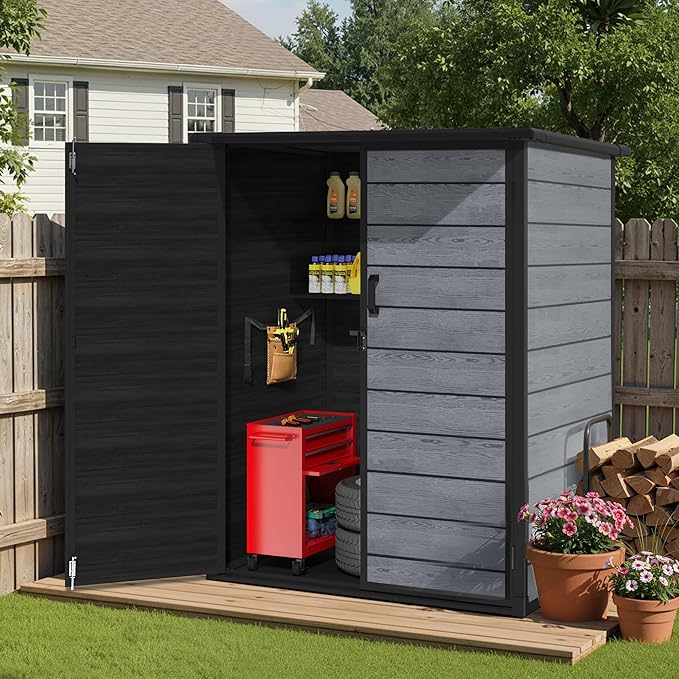 5×3 FT Vertical Outdoor Storage Shed, 56.8 Cu.Ft Resin Storage Cabinet with Lockable Double Doors, Weather-Resistant Tool Shed for Garden, Patio, and Backyard Equipment (Woodgrain Gray)