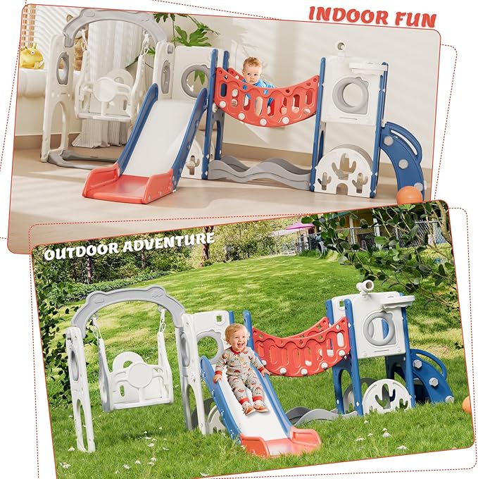 67i 10 in 1 Toddler Playground Playset with Swing Age 1-3 - Monkey Bar for Coordination, Easy Assembly, Sturdy Durable, Indoor Outdoor Birthday Gift with Basketball/Telescope (Red Blue, with Swing)