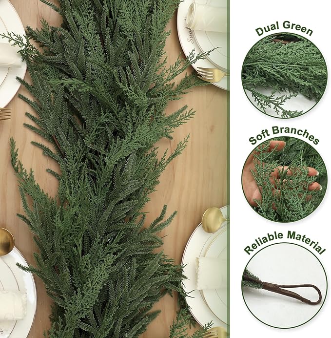Jutom 1 PCS 6 ft Realistic Christmas Garland - Artificial Mix Norfolk Cypress Pine Needles Faux Green Garland Decorations for Table Mantel Winter Holiday, Indoor & Outdoor Decor
