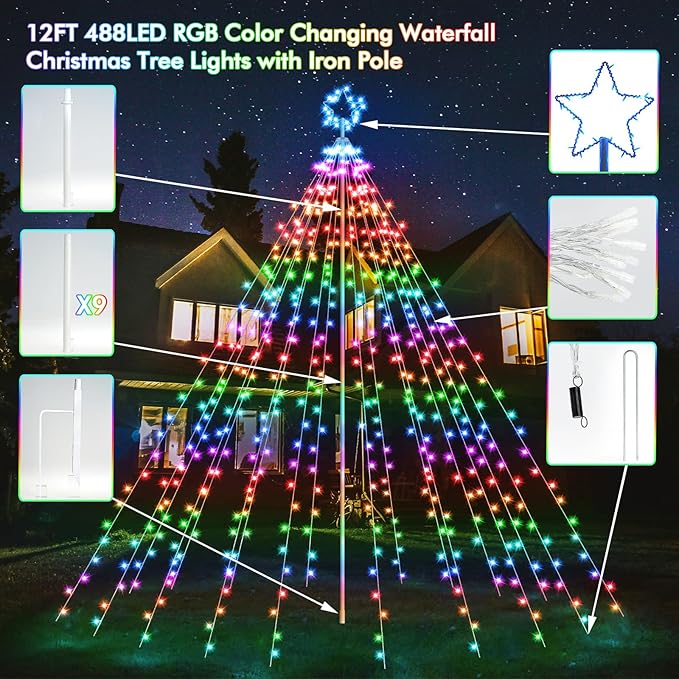 Outdoor Christmas Decorations, 12FT 488LED RGB Color Changing Waterfall Christmas Tree Lights with Iron Pole, APP Remote Control, DIY Multi-Color Lightshow, Music Sync, Xmas New Year Decor