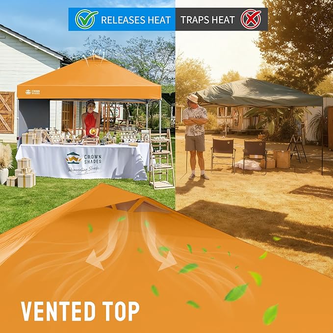 CROWN SHADES 10x10 Pop Up Canopy with 1 Side Wall - Beach Tent with One Push Setup - Outdoor Sun Shade for Events, Parties, Camping - Gazebo with STO-N-Go Cover Bag (Orange)