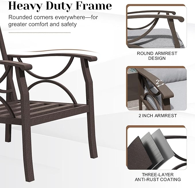 Outdoor Patio Furniture Set, 3 Pieces Metal Patio Conversation Set with Side Table for Porch Backyard Garden, Grey