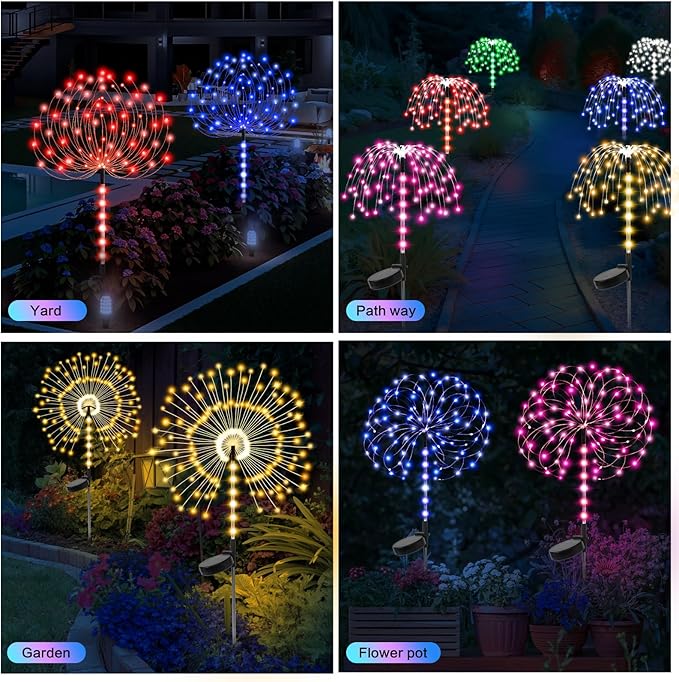 2 Pack Garden Decoration Solar Outdoor Light with 300 LEDs, Waterproof Solar Firework Lights 8 Lighting Modes, Suitable for Outdoor, Yard, Pathway ， Landscape Decoration(Multicolor)