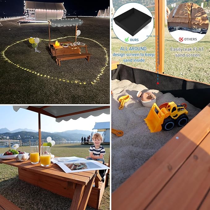 FunXplore Wooden Kids Sandbox with Lid Outdoor Sand Box with Picnic Table Foldable, Sandpit with Cover Ages 4-8, Adjustable Canopy Bottom Liner for Backyard Garden