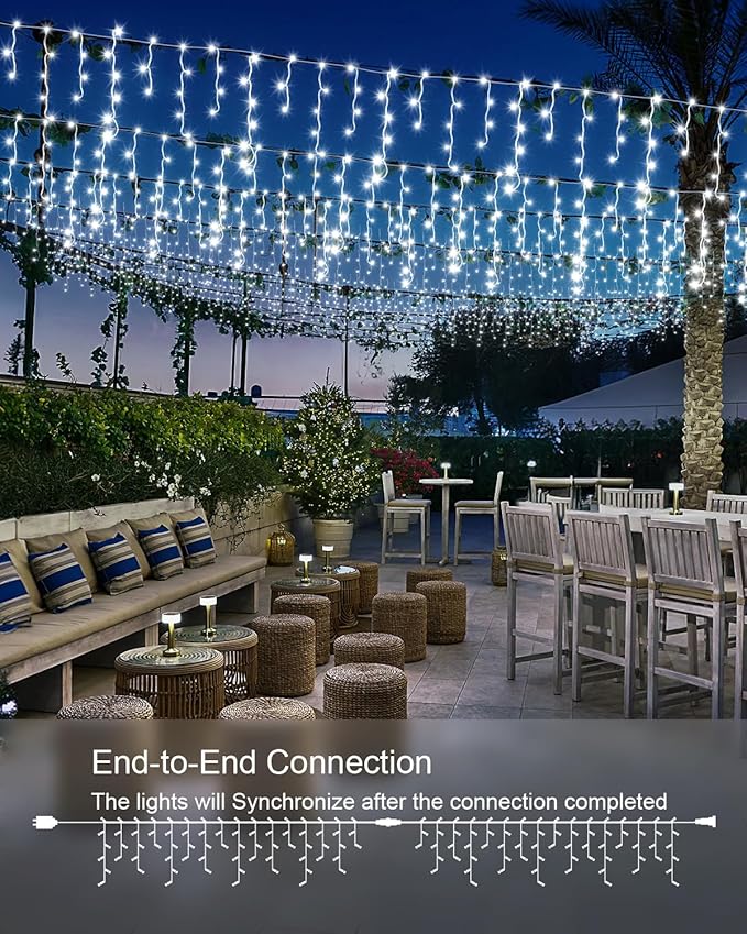 Cool White Christmas Lights Outdoor,2 Pack 53FT 486 LED Plug in Waterproof Christmas Lights for Outside, Timer & Memory, 8 Modes Hanging Fairy Light for Wedding Decorations House Eaves Yard Patio
