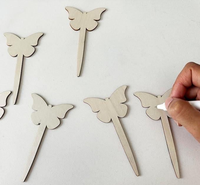 100 Pcs Wood Plant Labels, Natural Wooden Plant Marker Garden Sign Tags, Butterfly Type Garden Markers for Succulents, Herbs, Seedlings, Potted, Flowers, Vegetables (Butterfly)