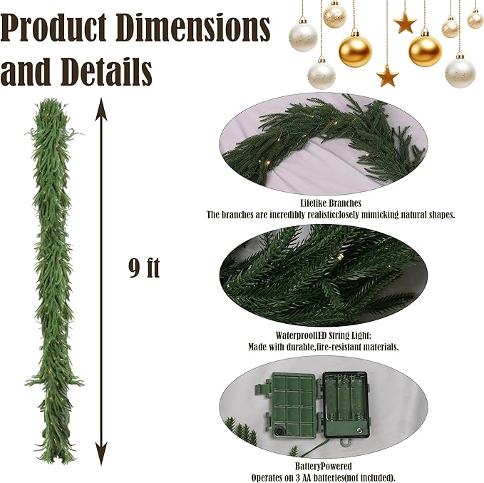 TW SHINE 9FT Pre-Lit Christmas Garland with Lights, 50 LED Lighted Artificial Norfolk Pine Garlands, Christmas Decorations for Indoor Outdoor Mantle Stairs Fireplace Decor, Warm White