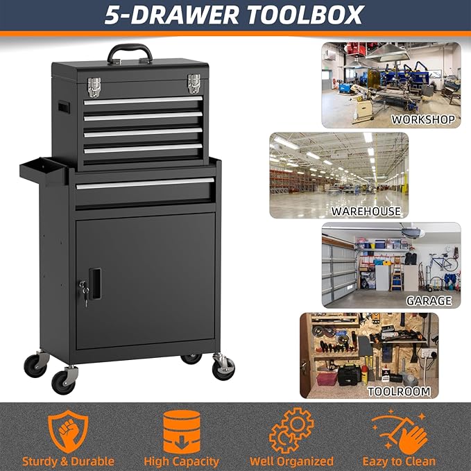 5-Drawer High Capacity Rolling Tool Box, Removable Cabinet Storage Tool Chest with Wheels and Drawers, Detachable Toolbox with Lock for Mechanics Garage Workshop and Tool Room (Black)