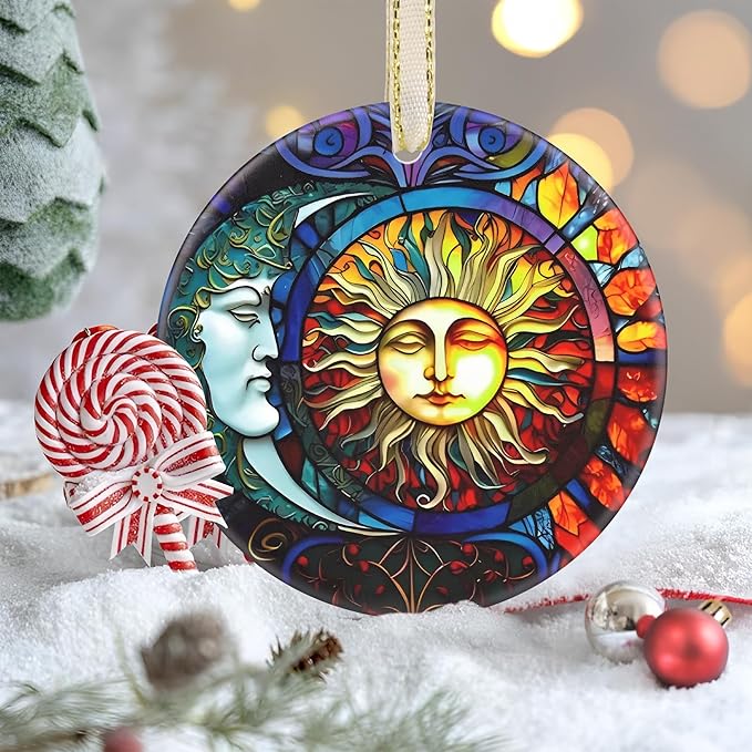 Christmas Ornaments, 3.5 Inch Ceramic Sun and Moon Hanging Ornament, Christmas Tree Ornaments, Gifts for Friend, Xmas Gifts, Unique Gift Idea, Perfect for Holiday Party, Tree, Window, Wall Decor