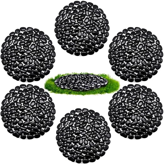 10in River Rock Stepping Stones Set - 6 Pack | Polished Pebble | Long-Lasting PVC Mesh Backing | Perfect for Garden Paths and Lawns Outdoor Landscaping Decoration | Black Circle