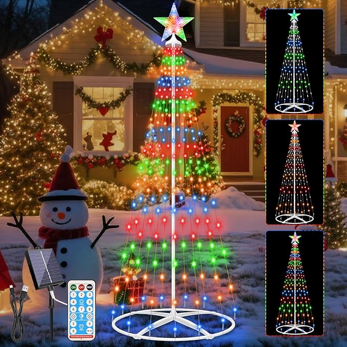 Forlivese 204LED Outdoor Solar Christmas Tree Lights, 5FT Lighted Artificial Cone Tree with Remote, 8 Modes, USB Charge, Timer & Waterproof Christmas Tree Decor for Garden Yard Patio, Multicolor