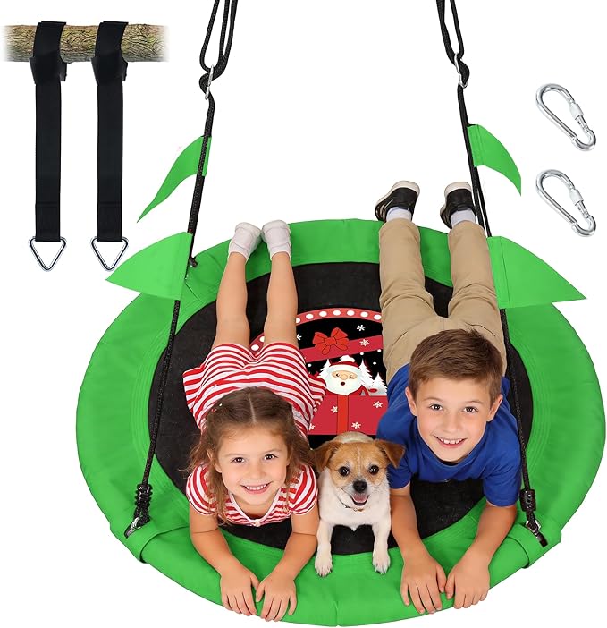 PACEARTH 40 Inch Flying Saucer Tree Swing, 900lb Weight Capacity, Sturdy Outdoor Swing Set with 2 Tree Straps, Safe and Durable Swing Seat for Children, DIY Package, Christmas Color Palette, Green