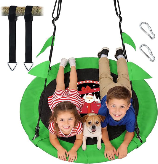 PACEARTH 40 Inch Flying Saucer Tree Swing, 900lb Weight Capacity, Sturdy Outdoor Swing Set with 2 Tree Straps, Safe and Durable Swing Seat for Children, DIY Package, Christmas Color Palette, Green