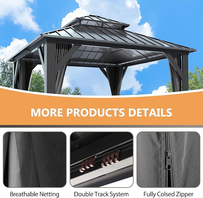 12'x12' Hardtop Gazebo, Outdoor Double Roof Galvanized Steel Gazebo, Aluminum Frame Permanent Pavilion with Curtains & Netting for Backyard, Patio, Deck (12x12)